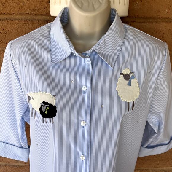 Vtg Allison Daley Cotton Blend Pinstripe Button Shirt 3/4 Sleeve 12P Sheep Bling - Picture 5 of 10